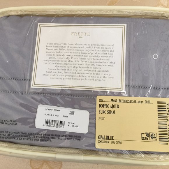 FRETTE Euro Pillow Sham ITALY Doppio Ajour 1x Opal Blue 26x26" Cotton NEW $185 - Picture 3 of 5